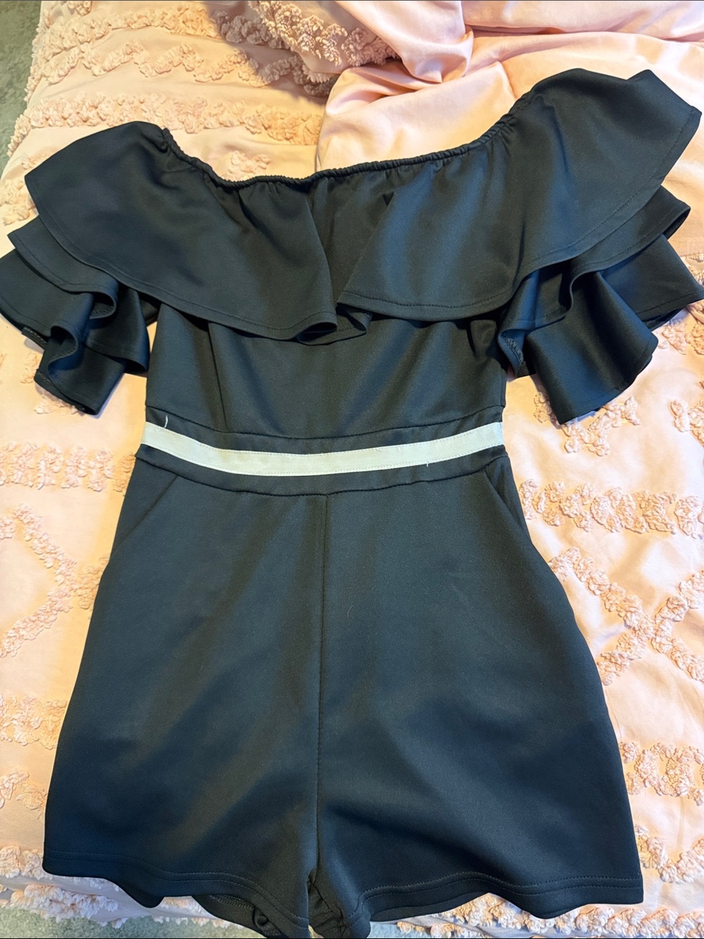 Amazon Off-Shoulder Ruffle Romper in Black with White Waist Stripe
